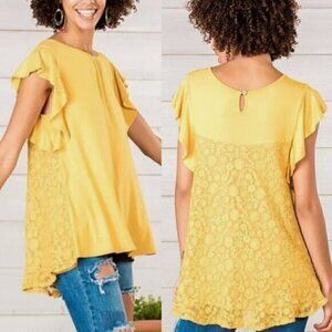 MATILDA JANE Bocce Ball Lace Accent Top Mustard Yellow Lace Back Short Sleeve M